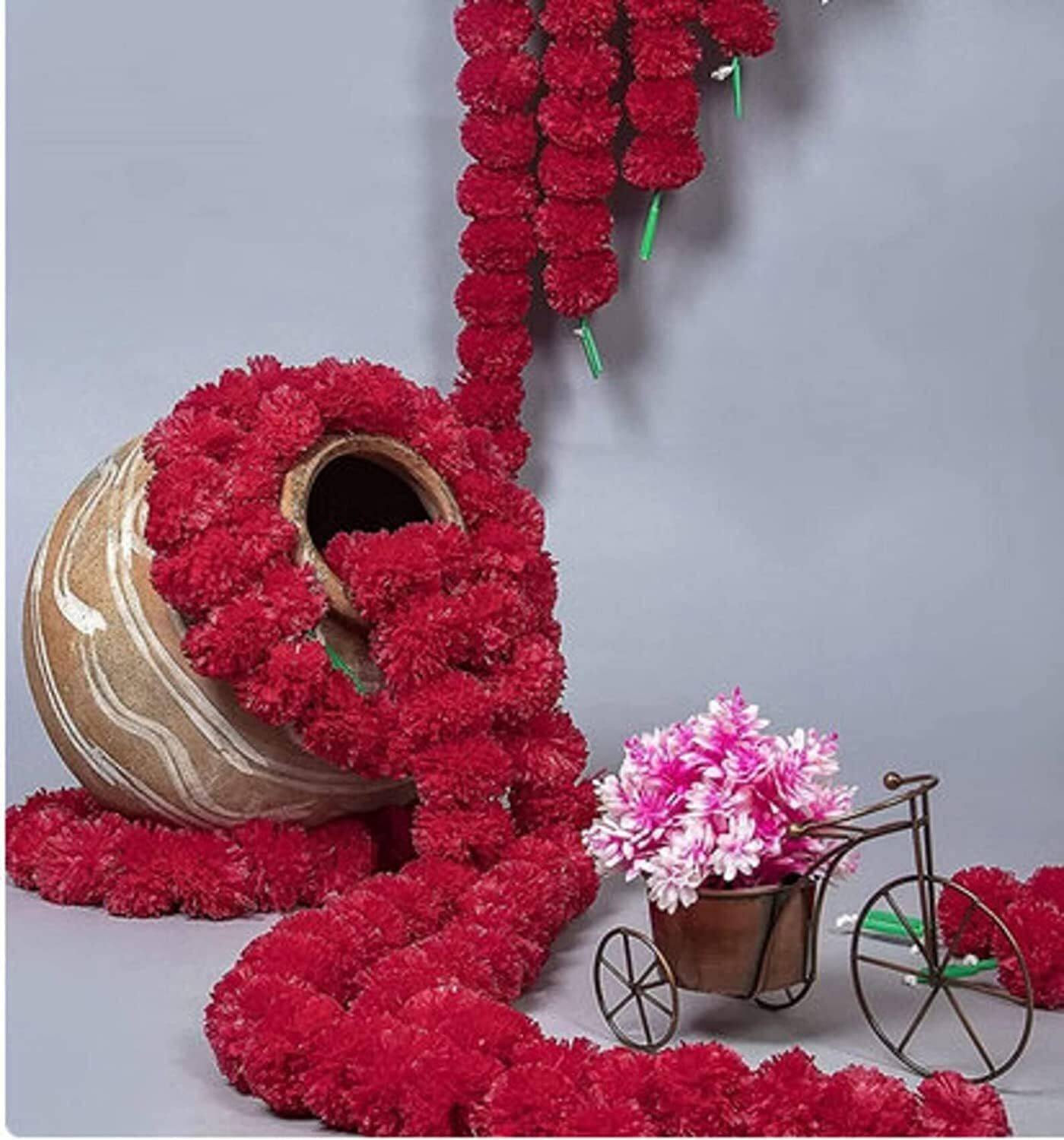 Abhaas 10 Pcs Indian Handmade Artificial Marigold Garland Flowers Red Marigold Artificial Flower