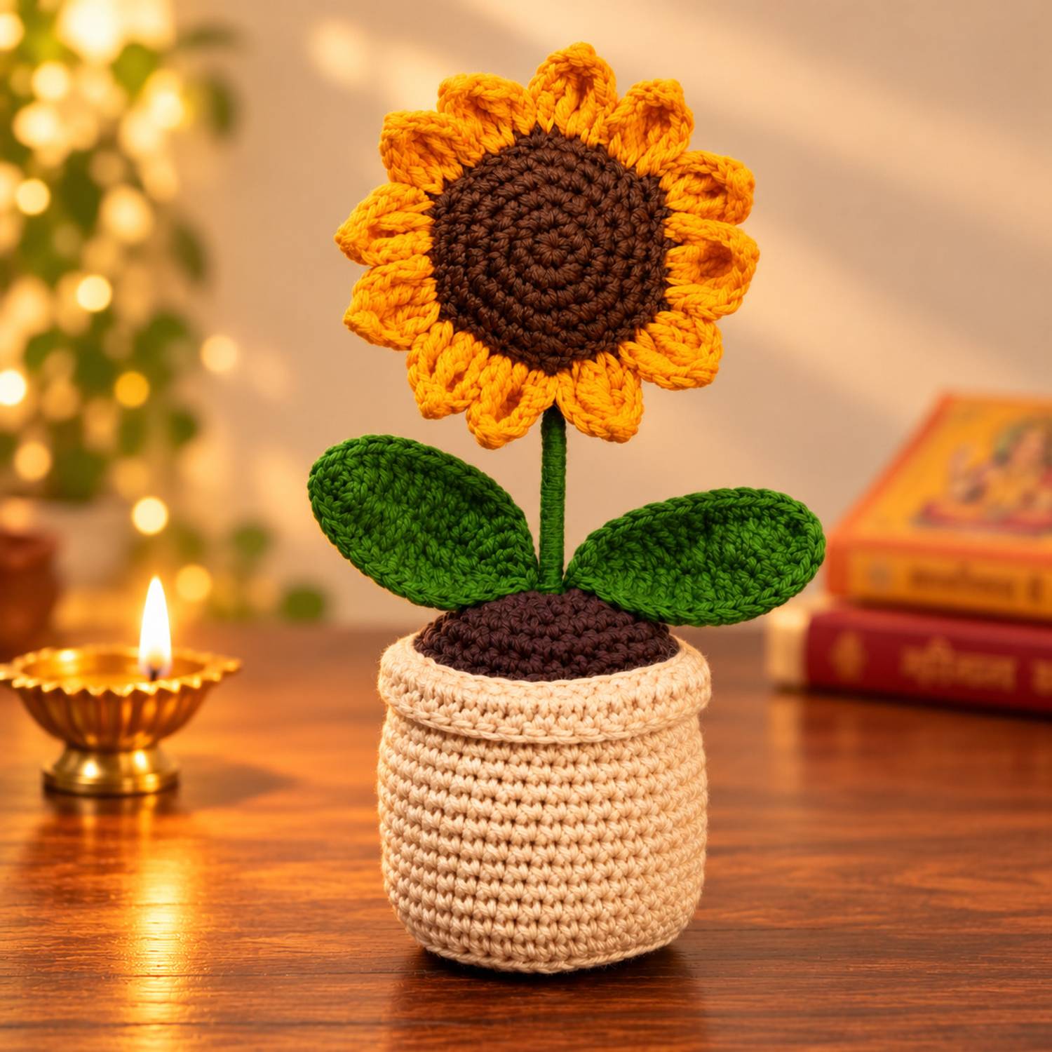 Brovion Art Handmade Crochet Sunflower with Pot | Artificial Flower Home Decor Diwali Gift Multicolor Sunflower Artificial Flower