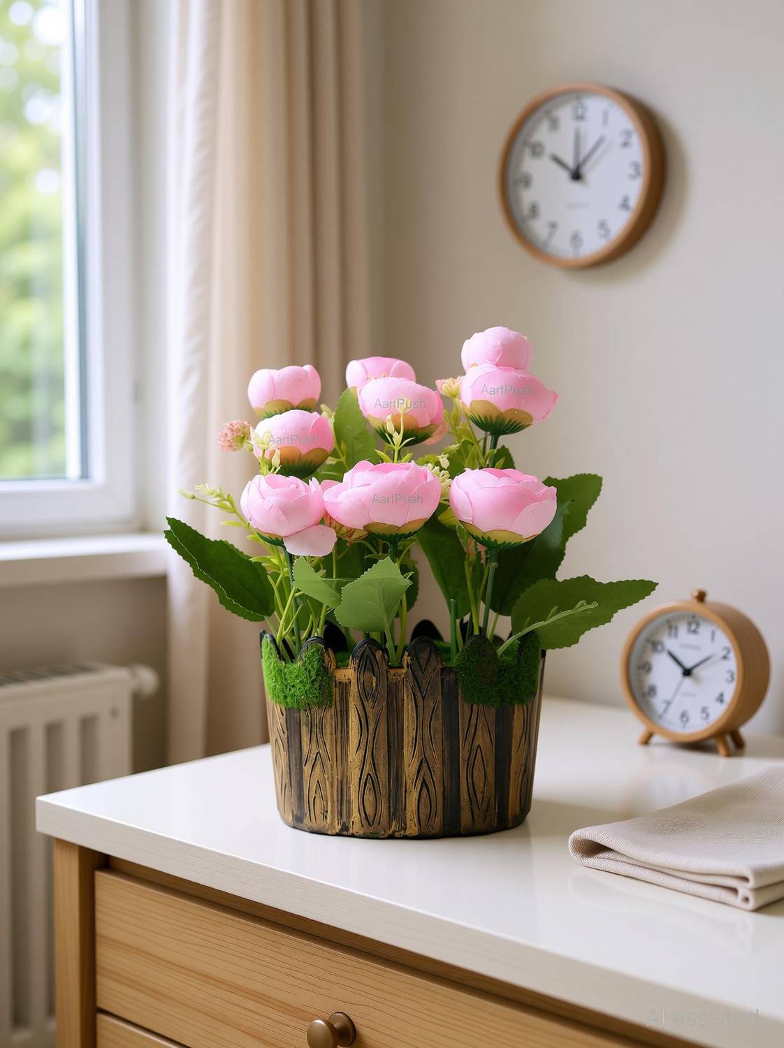 AartPush Pink Rose Artificial Flower with Pot Pink Rose Artificial Flower with Pot
