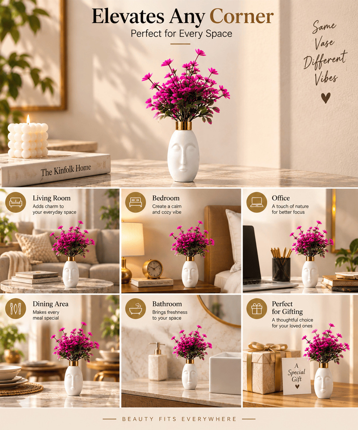 Image of CLOCOMFERR Face Shaped Decorative Vase with Pink Artificial Flower Gold, Pink, White, Green Wild Flower Artificial Flower with Pot