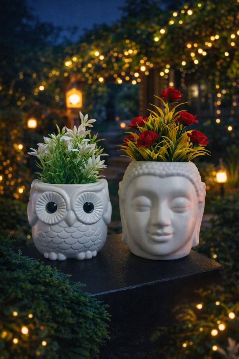 Bruncha owl_Buddha_pot_02 White Wild Flower Artificial Flower  with Pot