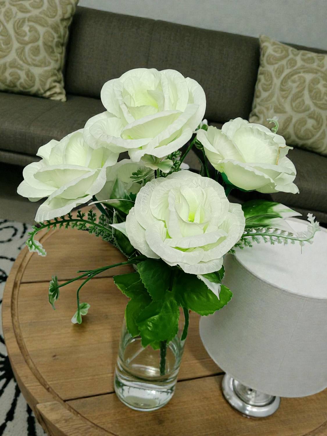 oms Artificial White Rose Flower Bunch for Home Décor, Vase