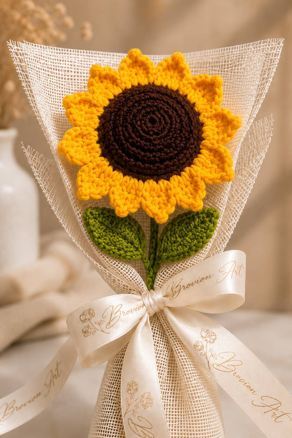 Brovion Art Handmade Crochet Sunflower Bouquet – Yellow Artificial Flower Decor Gift Multicolor Sunflower Artificial Flower