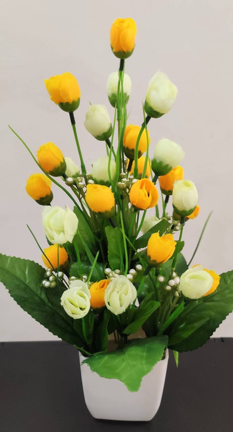 BAARIG Best for Home Shop Office Decor - 10 Flower Sticks Yellow, White Rose Artificial Flower  with Pot