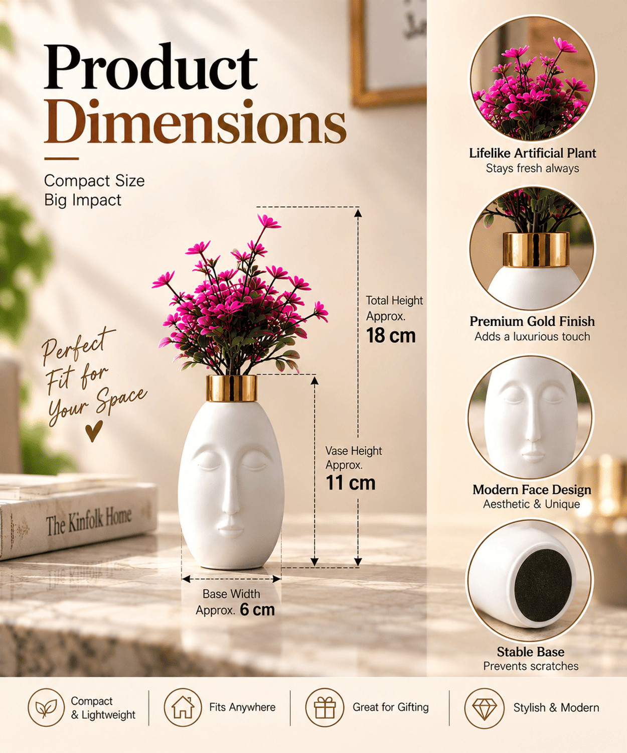 Image of CLOCOMFERR Face Shaped Decorative Vase with Pink Artificial Flower Gold, Pink, White, Green Wild Flower Artificial Flower with Pot