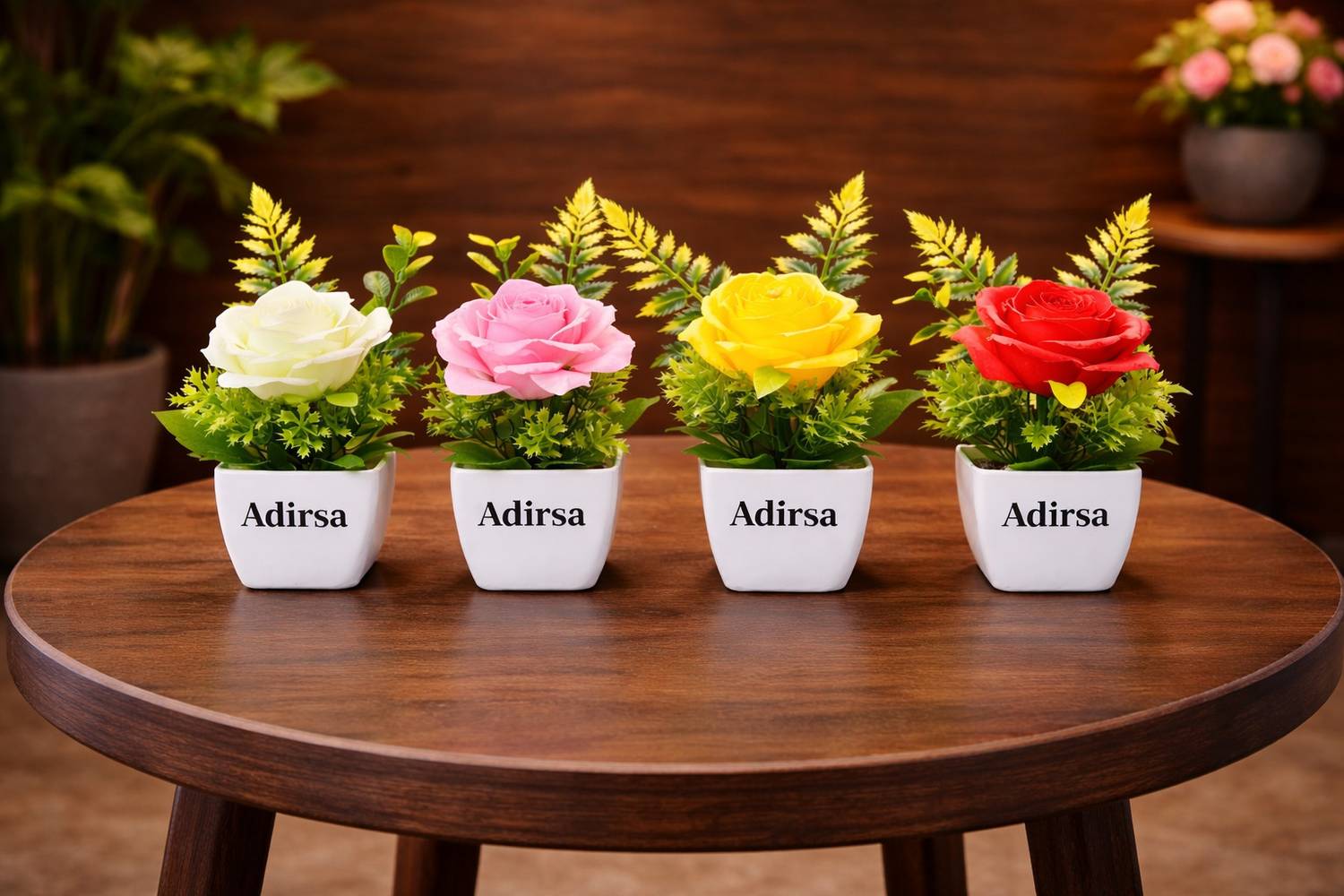 ADIRSA Adirsa Set of 4 Multicolored Artificial Rose Flower Plants with White Pots Multicolor Wild Flower Artificial Flower with Pot