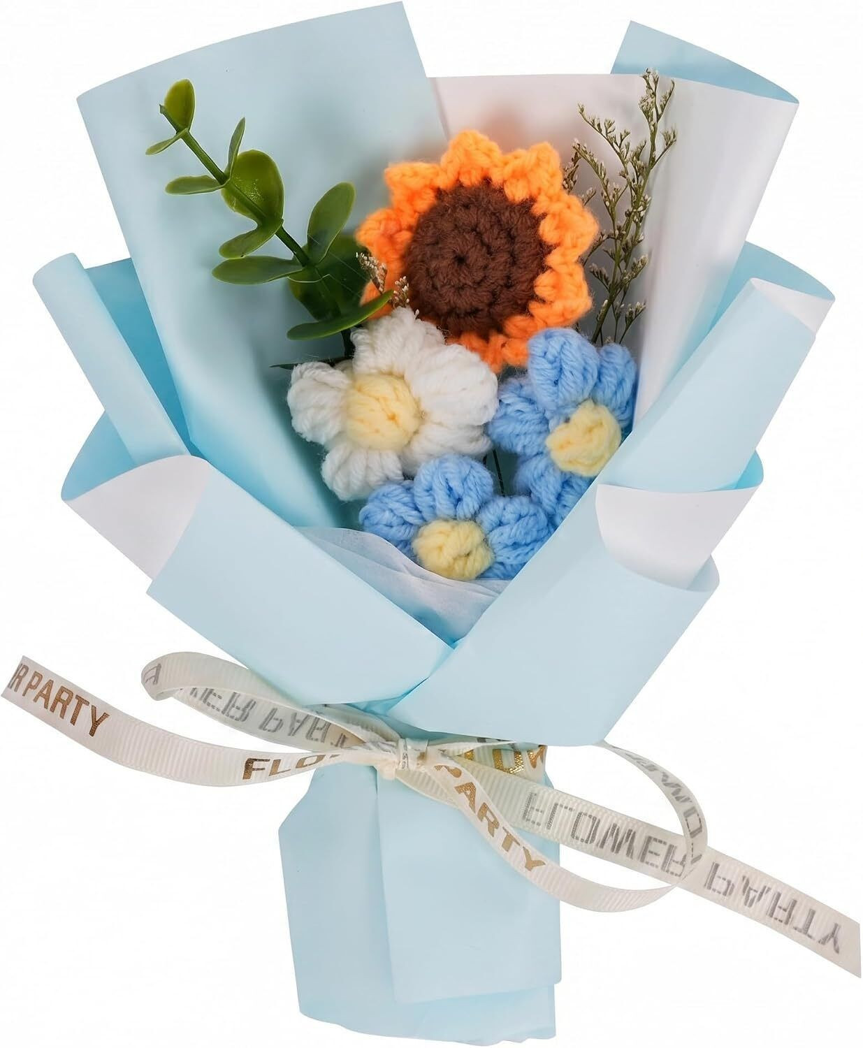 Image of MPROW Handmade Crochet Sunflower Bouquet Knitted Artificial Flowers with Green Foliage Blue Sunflower Artificial Flower