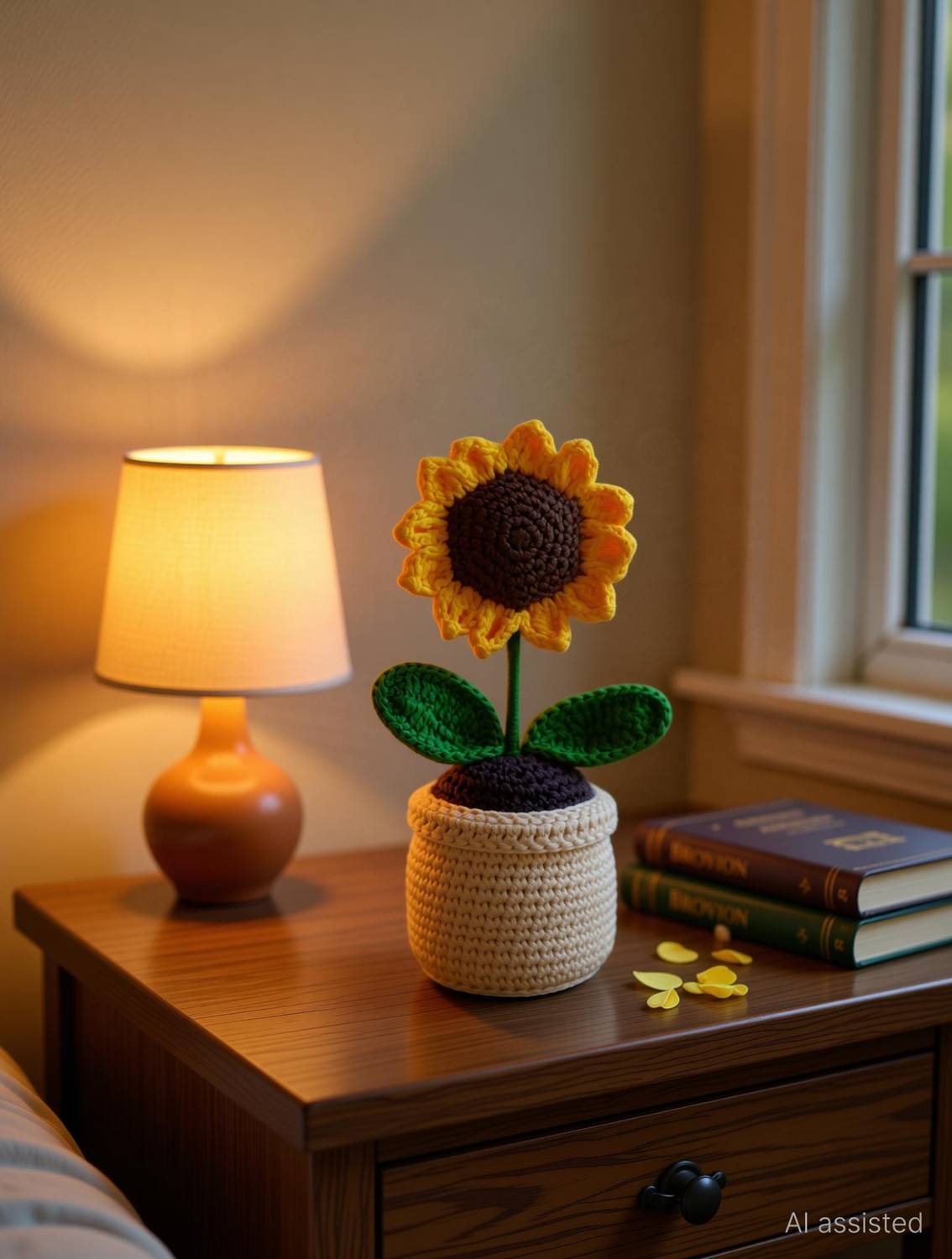 Brovion Art Handmade Crochet Artificial Sunflower with Pot for Valentine's Gifting Multicolor Sunflower Artificial Flower