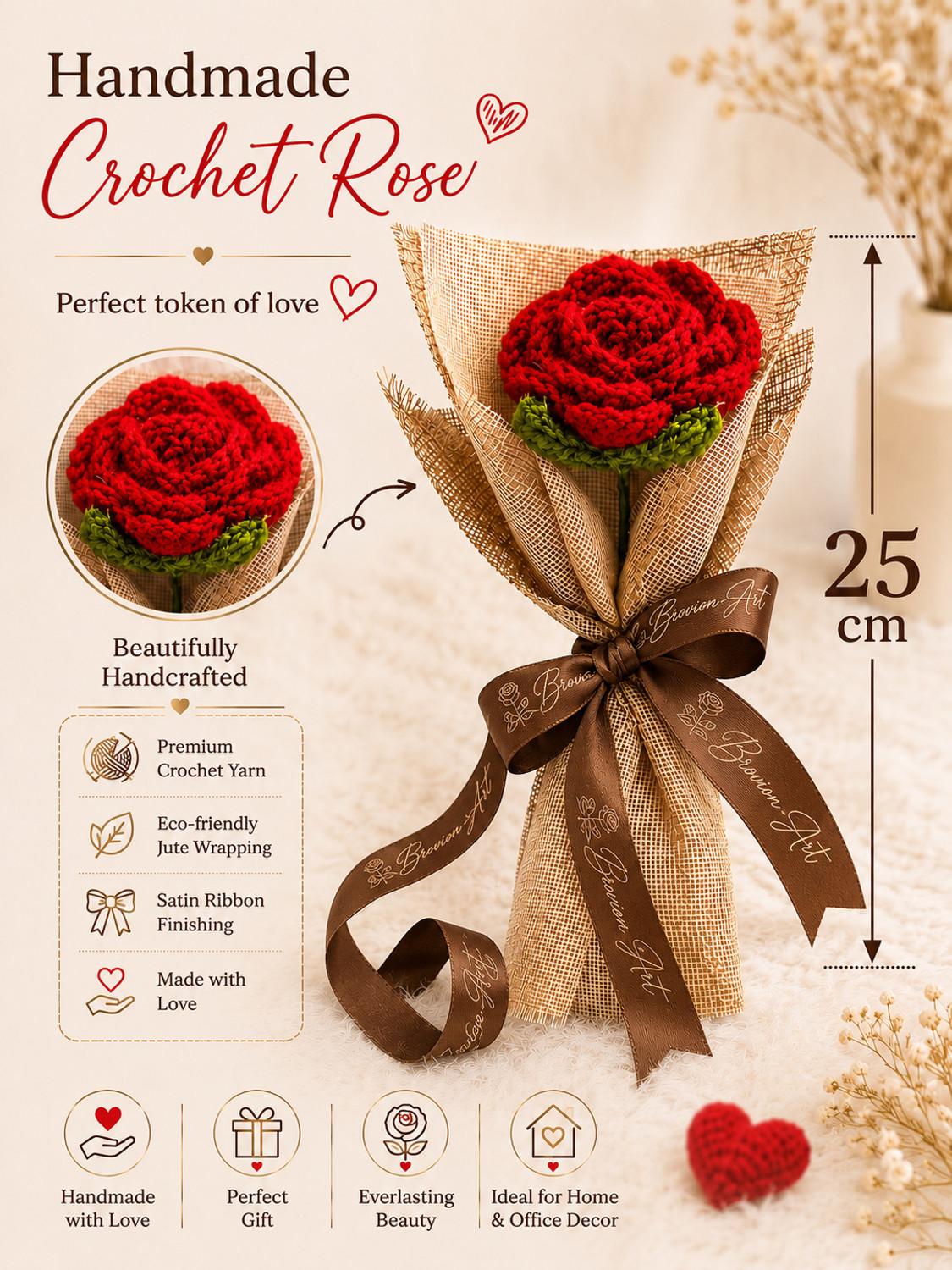 Image of Brovion Art Crochet Red Rose Bouquet - Handmade Crochet Flower | Artificial Rose Gift Decor Multicolor Rose Artificial Flower