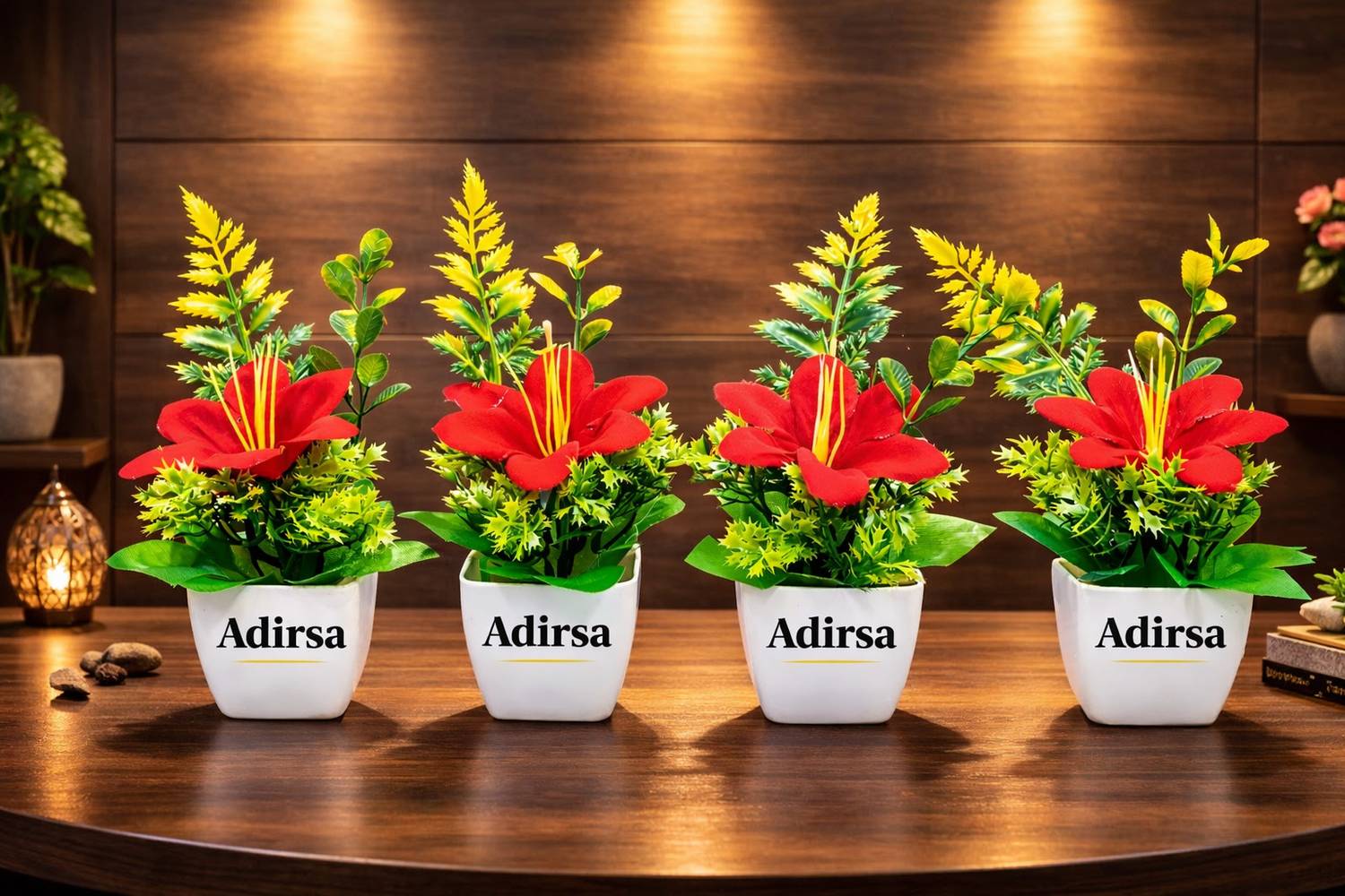 ADIRSA Adirsa Set of 4 Artificial Red Lily Flower Plants with White Pots Red Rose Artificial Flower with Pot
