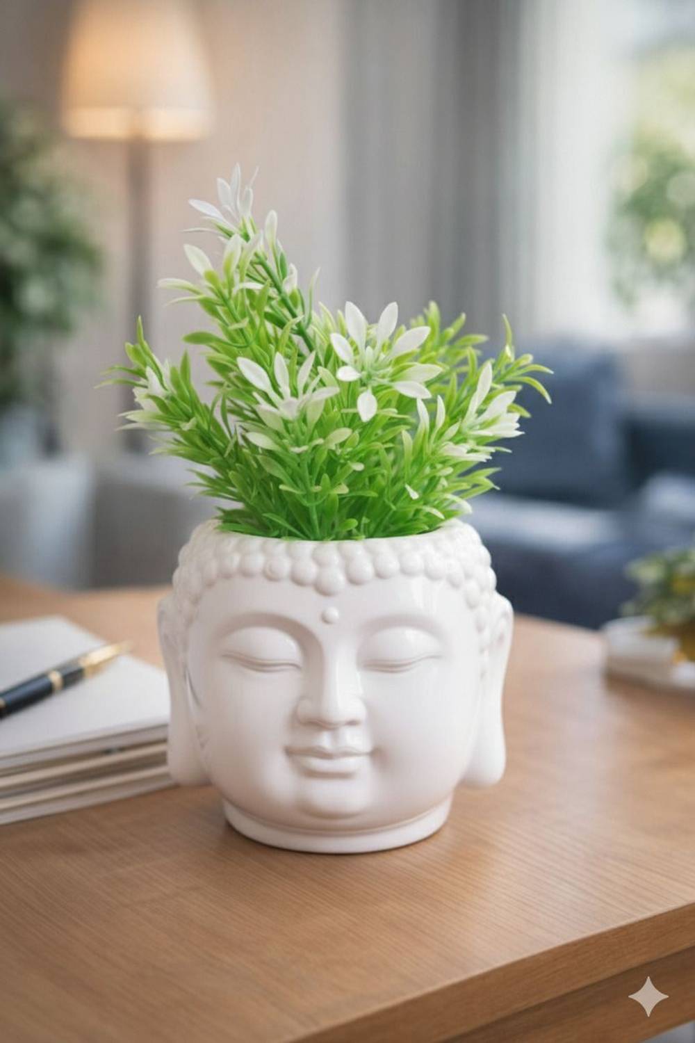 Bruncha Artificial Plant with Buddha pot set of 1 for home decore wild artificial plants White Wild Flower Artificial Flower  with Pot
