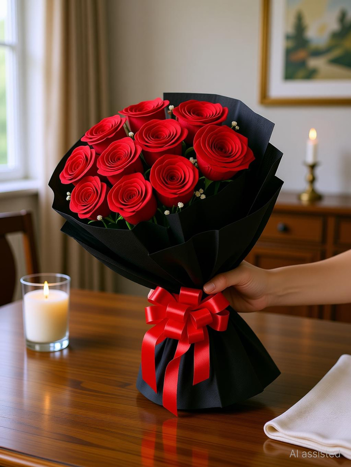 Image of Fleur Buddy Elegant Artificial Rose Bouquet - Black Wrap | Ideal Gift for All Occasions Red Rose Artificial Flower
