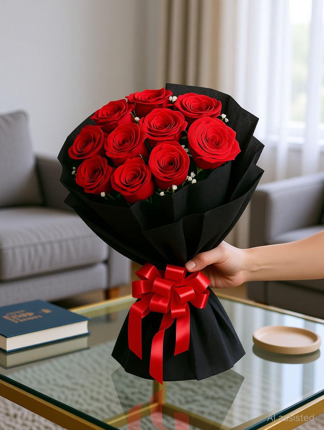 Image of Fleur Buddy Elegant Artificial Rose Bouquet - Black Wrap | Ideal Gift for All Occasions Red Rose Artificial Flower