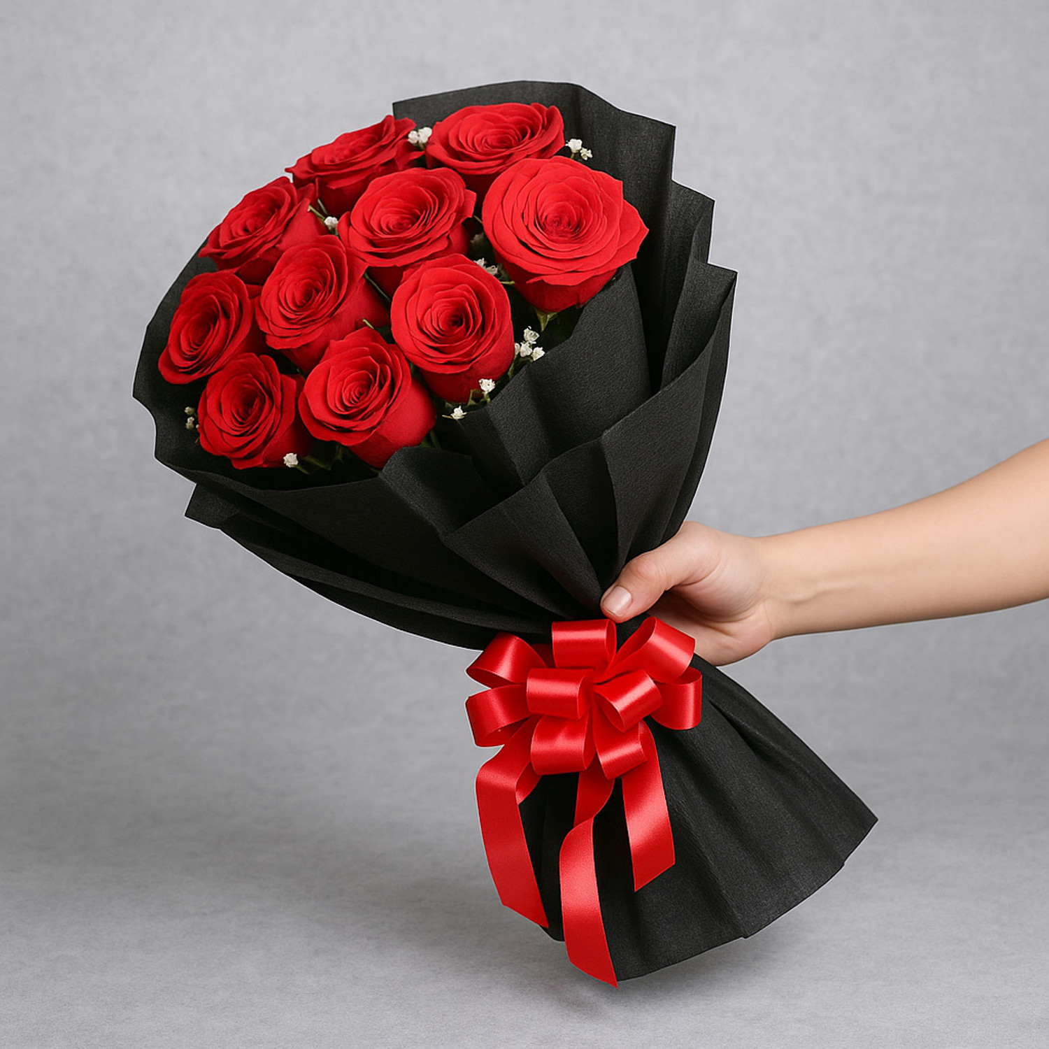Image of Fleur Buddy Elegant Artificial Rose Bouquet - Black Wrap | Ideal Gift for All Occasions Red Rose Artificial Flower
