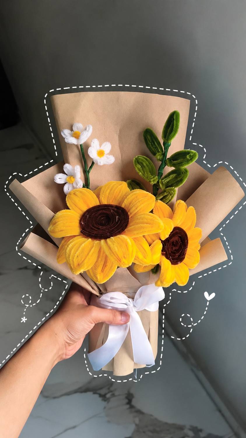 Homliy Sunflower Daisy Pipe Cleaner Bouquet Yellow, Green, Brown