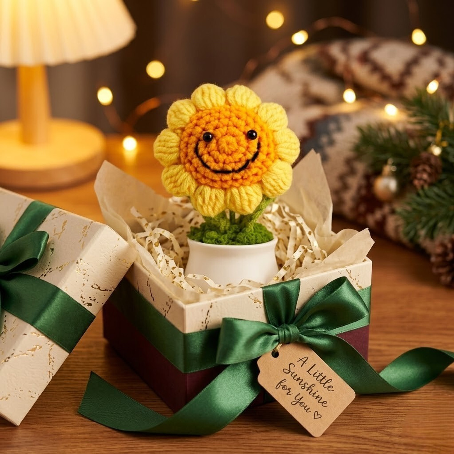 Image of VENSA KINS Crochet Smiley Pot Handmade Knitted Flower with Ceramic Pot Yellow Sunflower Artificial Flower with Pot