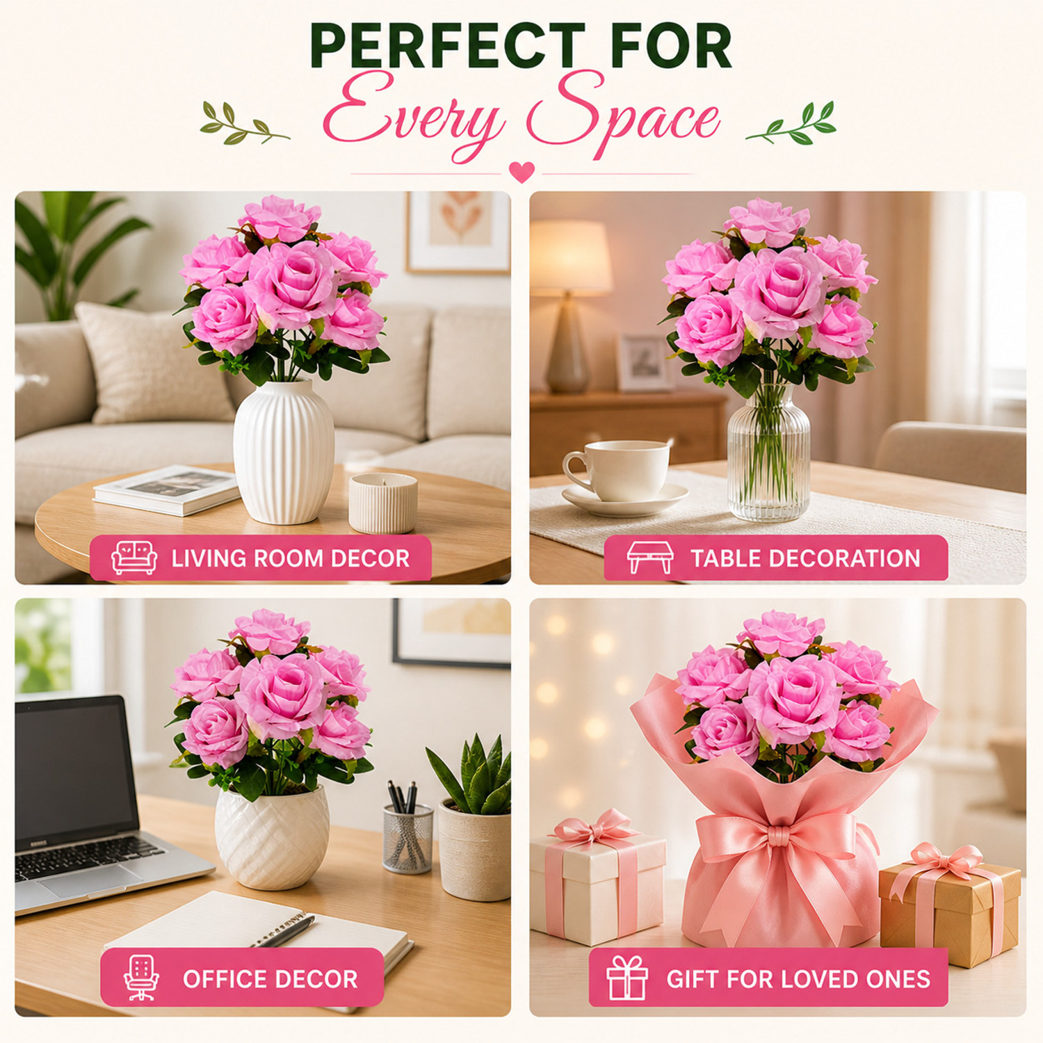 Image of Florivya Pink Rose Artificial Flower (30 cm, Pack of 1, Flower Bunch)