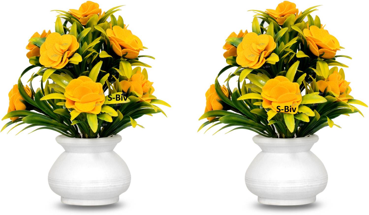 S-Biv Yellow Rose Artificial Flower with Pot (6 inch, Pack of 2,