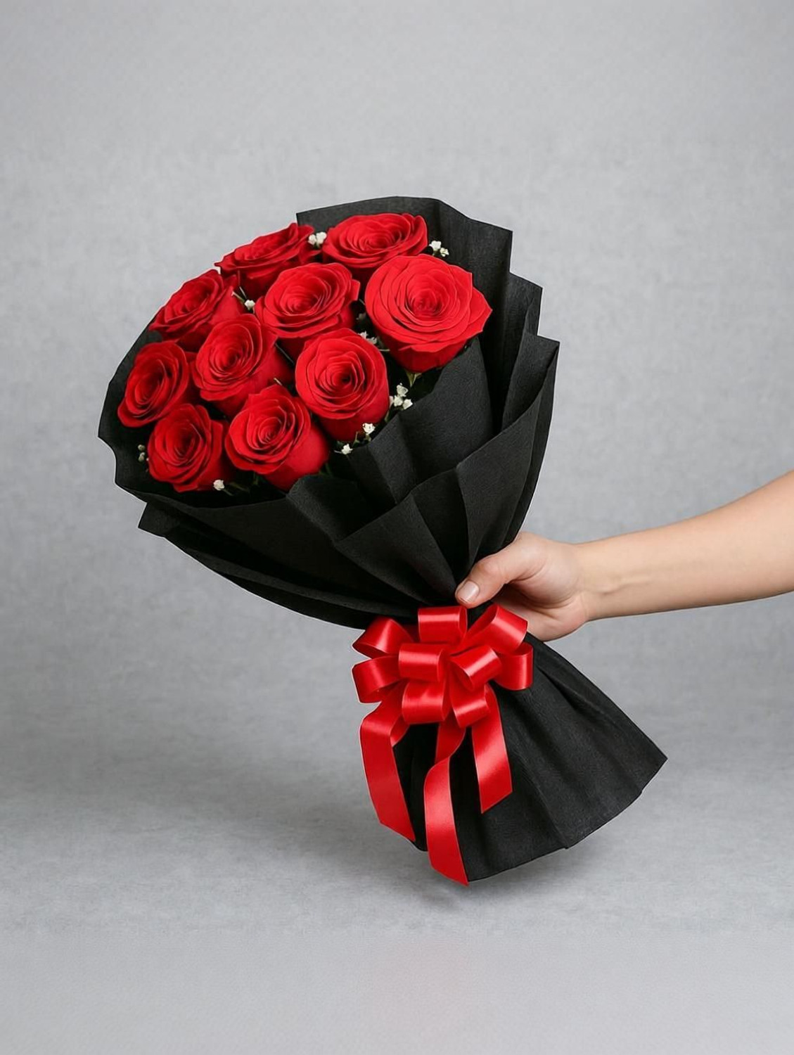 Image of Fleur Buddy Elegant Artificial Rose Bouquet - Black Wrap | Ideal Gift for All Occasions Red Rose Artificial Flower