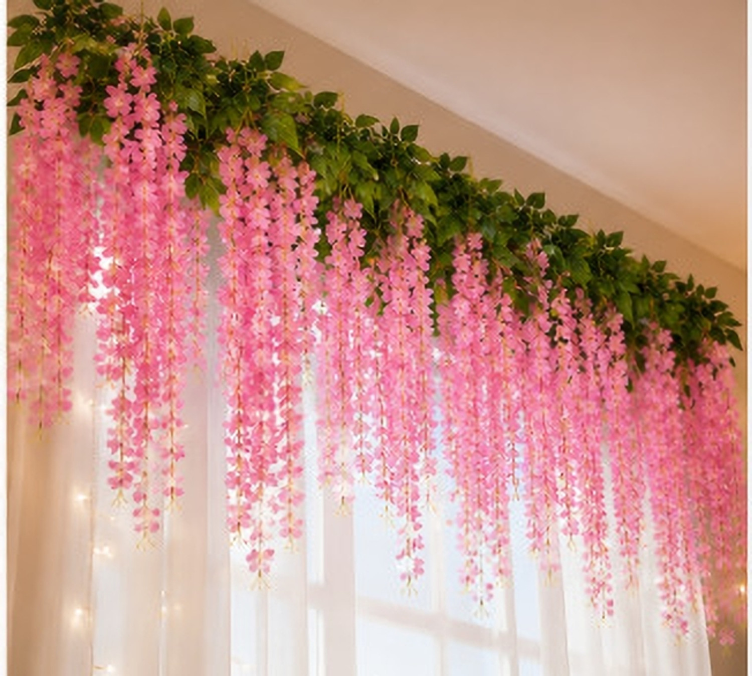 Image of well art gallery Artificial Pink Wisteria Hanging Flower for Home Wedding Garden Decor Pack of 24 Pink Westeria Artificial Flower