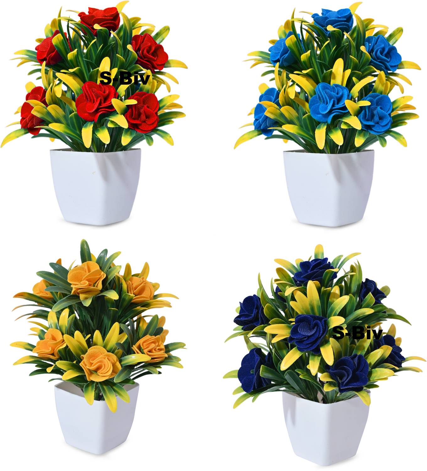 S-Biv Set of 4 Flowers with Pot Indoor Artificial Plants for Desk