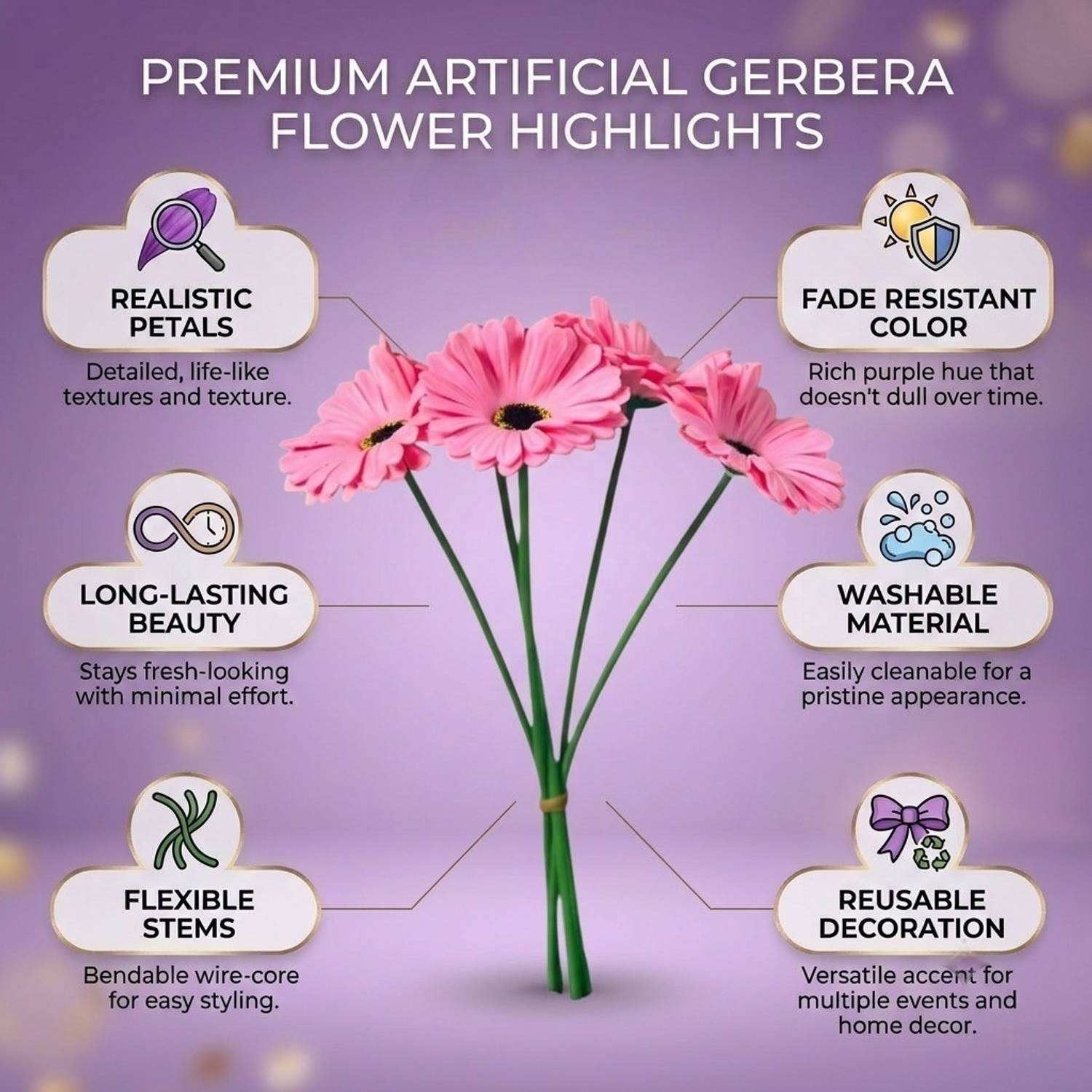 VENSA KINS Artificial Gerbera Flower Bunch Pink - Image 4