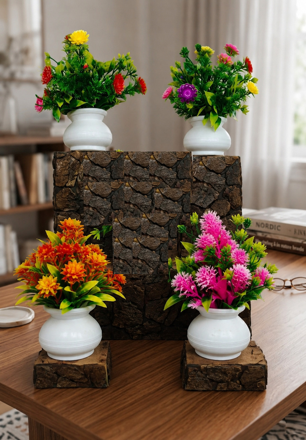 Image of Jaymaa Collection Multicolor, Orange Wild Flower Artificial Flower with Pot