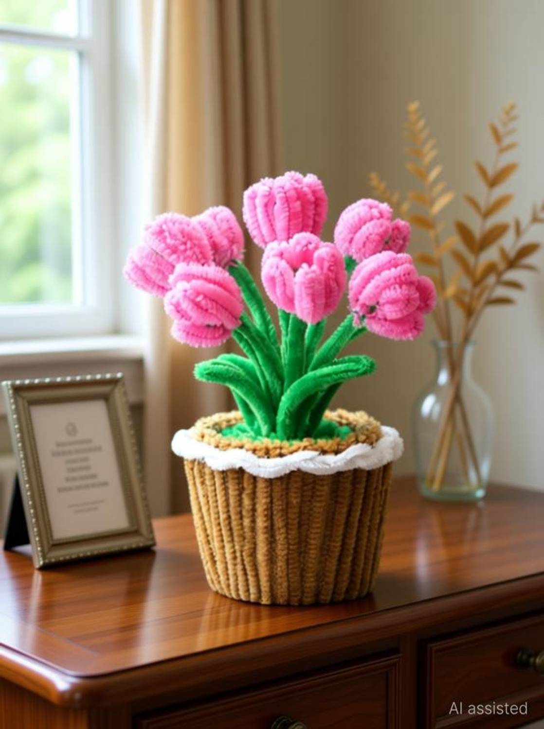 Blossora BLOSSORA-PCF-TULIP-PINK-01 Pink, Green, Brown, White Tulips Artificial Flower with Pot