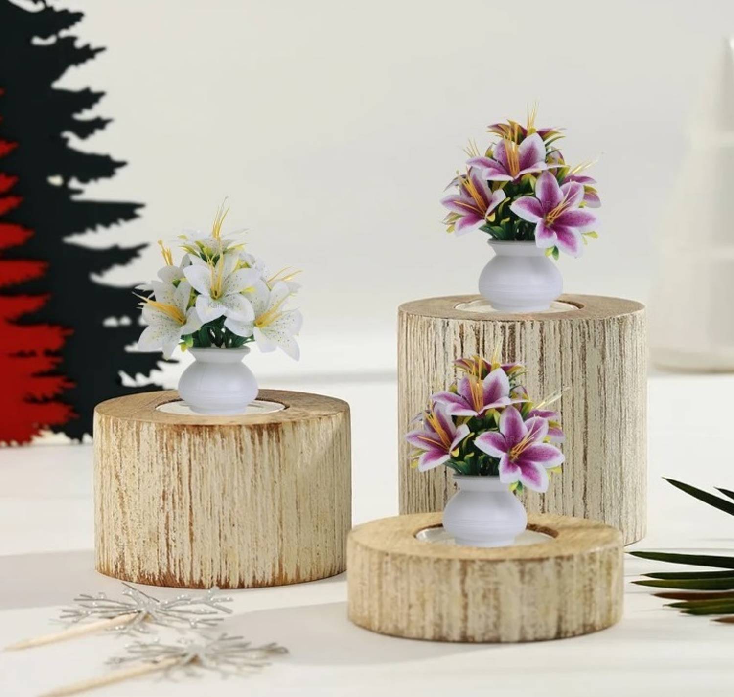 KanRaj artificial lily flowers for decoration set of 3 Purple, Wh