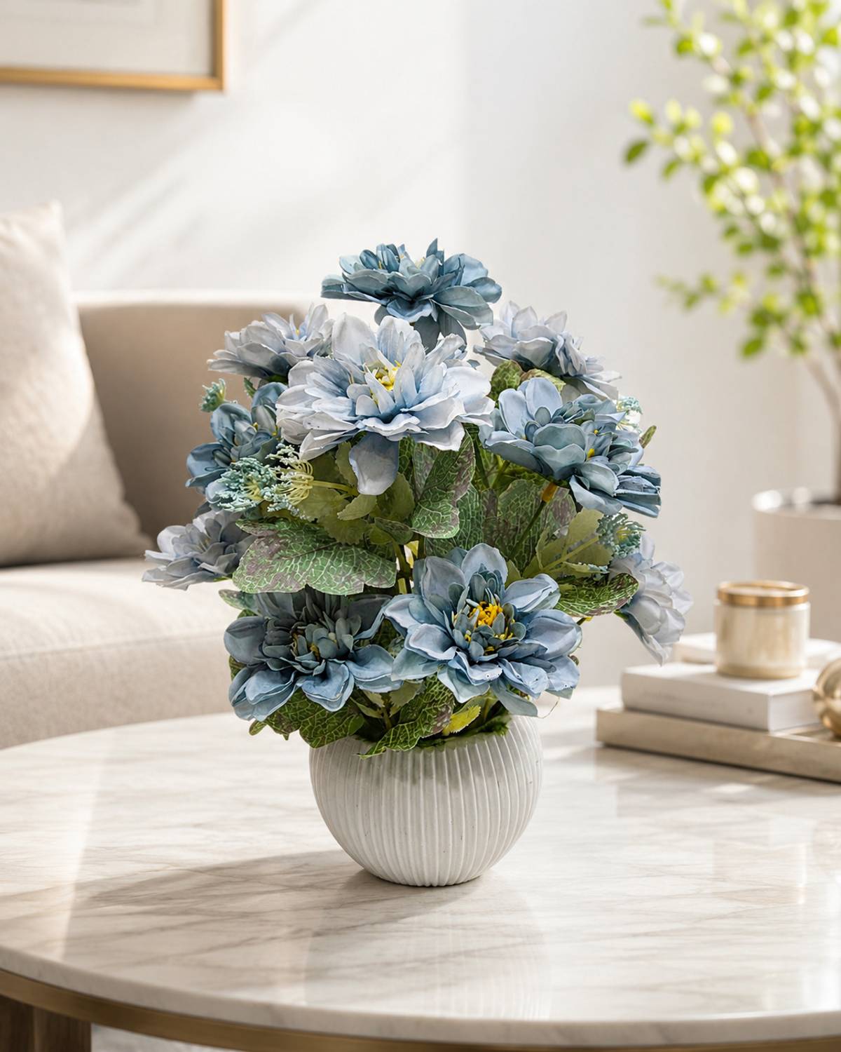 Bageecha Blue Dahlia Artificial Flower Plant with Decorative Pot Blue Dahalia Artificial Flower with Pot