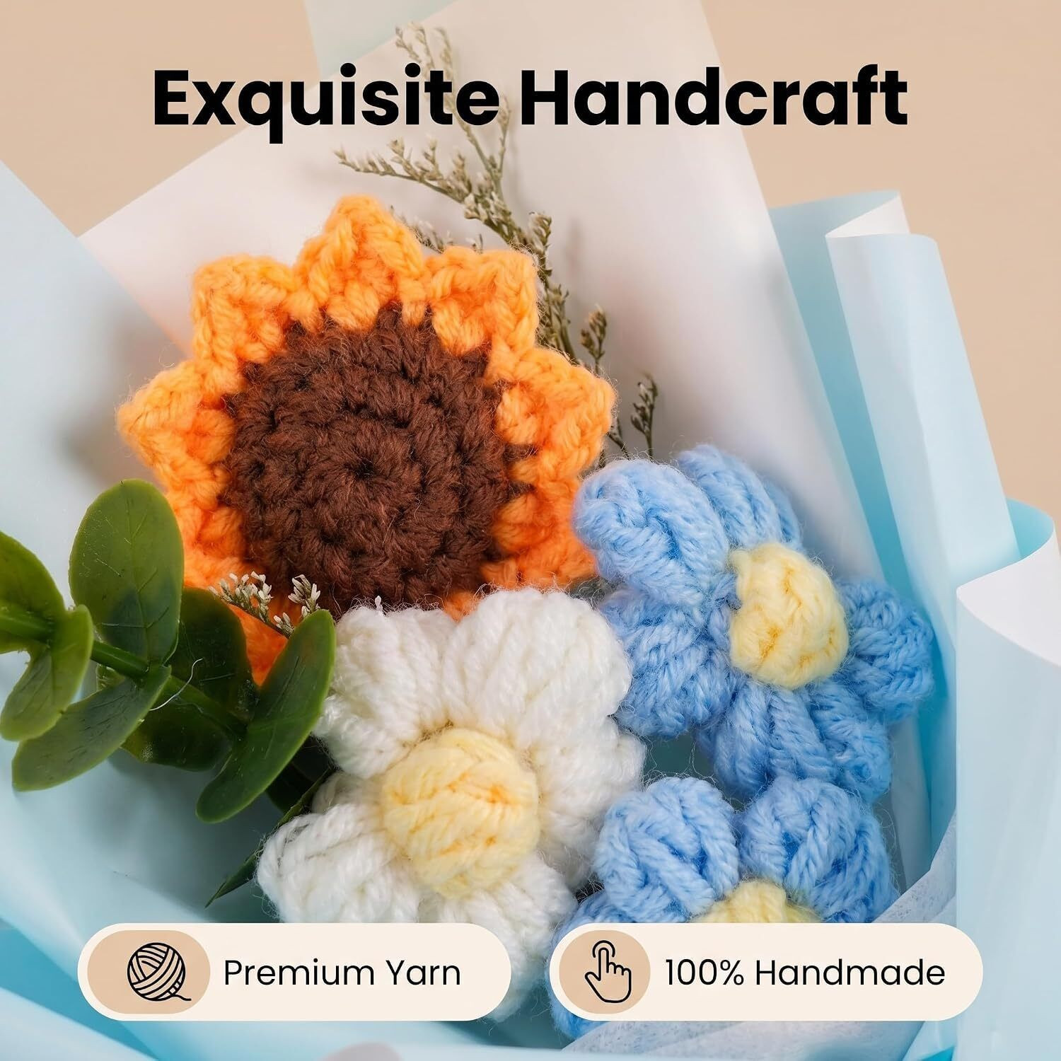 Image of MPROW Handmade Crochet Sunflower Bouquet Knitted Artificial Flowers with Green Foliage Blue Sunflower Artificial Flower