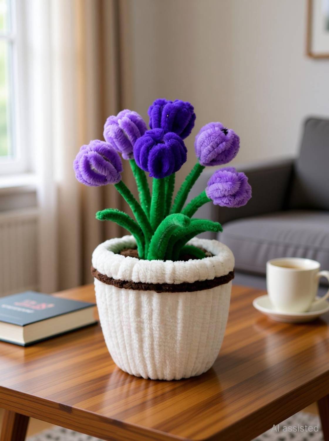 Blossora Artificial Purple Tulip Flower Pot for Home Decor Purple, Green, White, Brown Tulips Artificial Flower with Pot