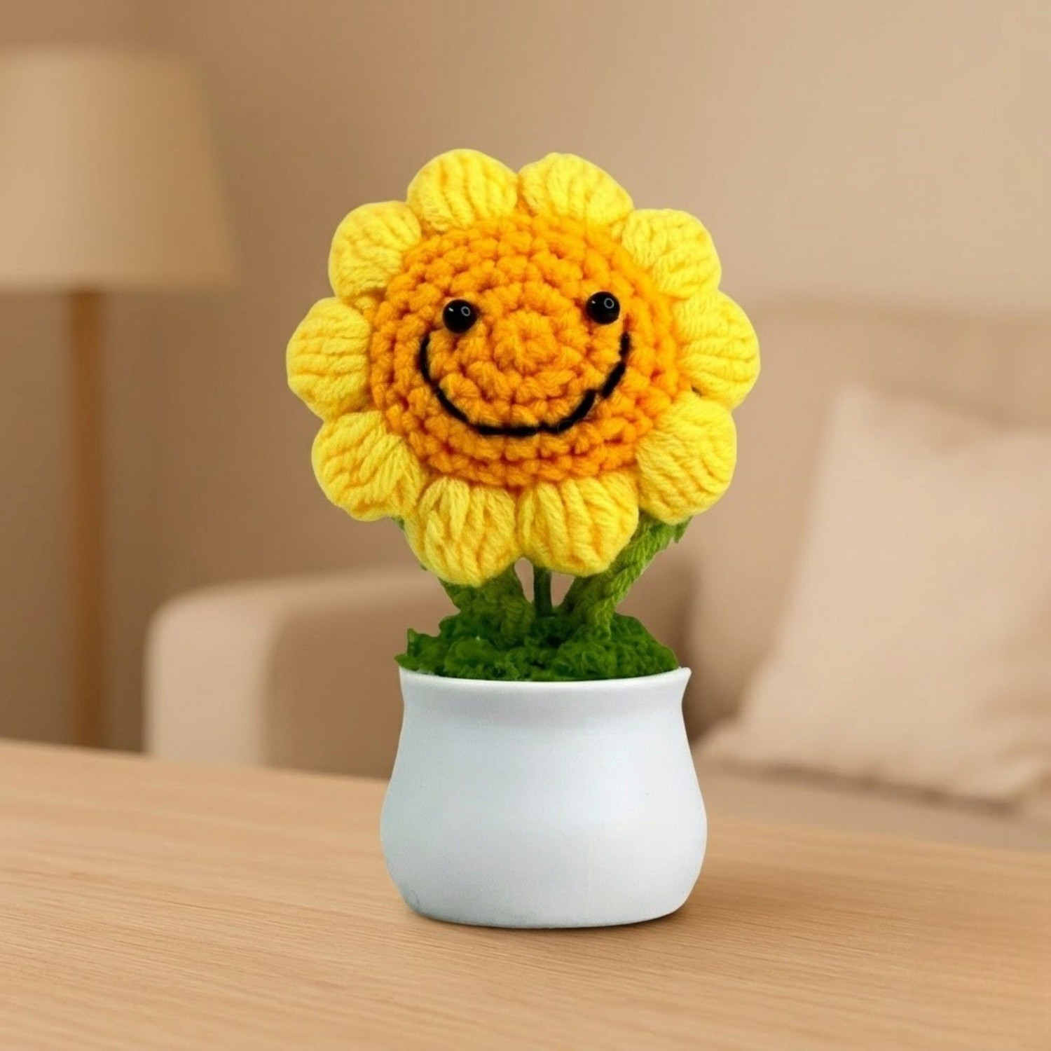 Image of VENSA KINS Crochet Smiley Pot Handmade Knitted Flower with Ceramic Pot Yellow Sunflower Artificial Flower with Pot
