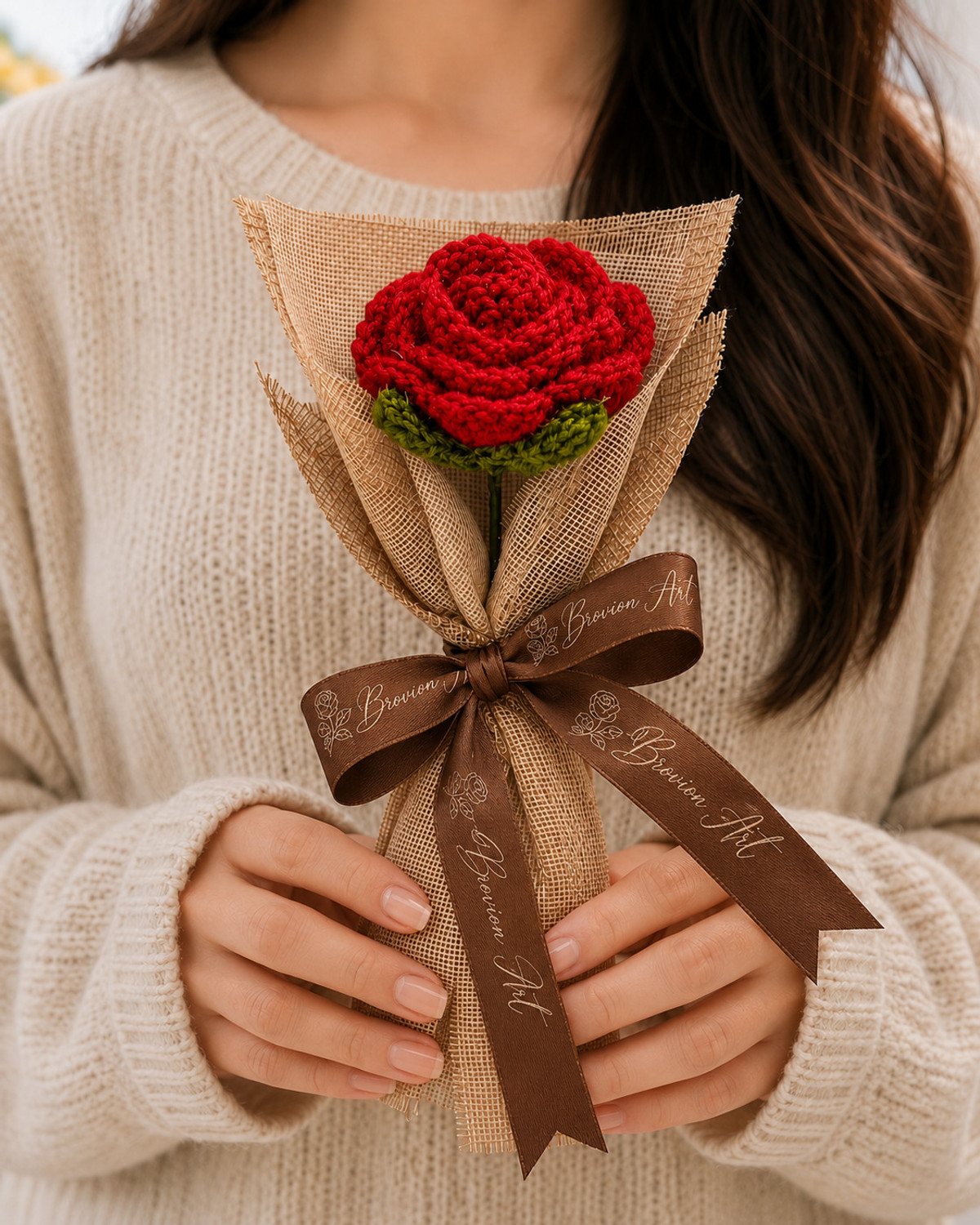 Image of Brovion Art Crochet Red Rose Bouquet - Handmade Crochet Flower | Artificial Rose Gift Decor Multicolor Rose Artificial Flower