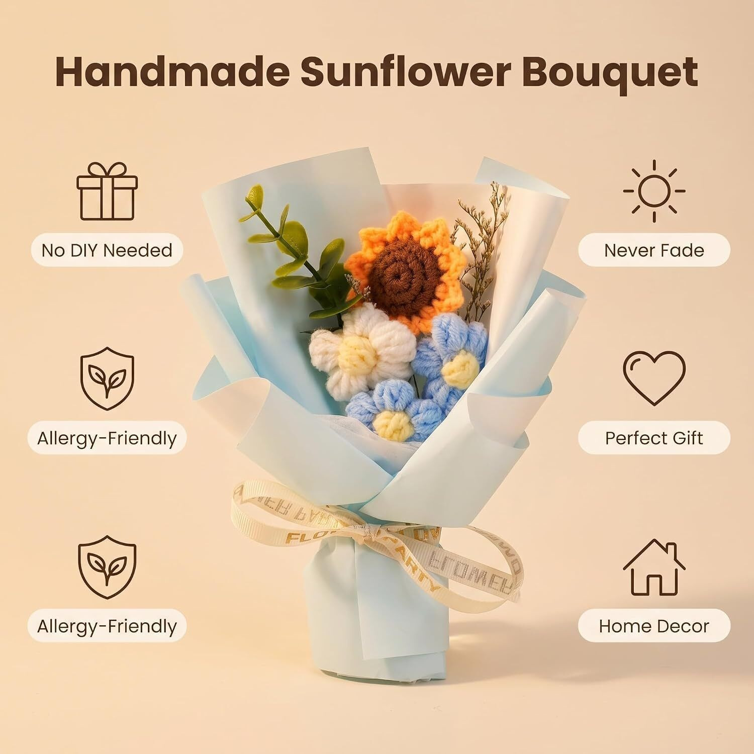 Image of MPROW Handmade Crochet Sunflower Bouquet Knitted Artificial Flowers with Green Foliage Blue Sunflower Artificial Flower