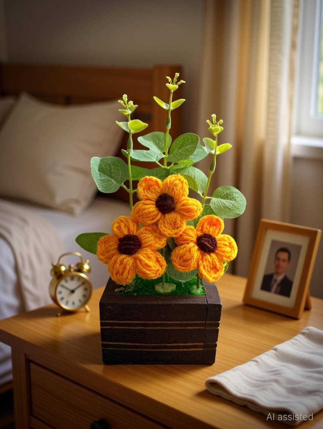 Akaar Akaar Decor's Handmade Crochet Flower Pot with Wooden Base Yellow Daisy Artificial Flower with Pot