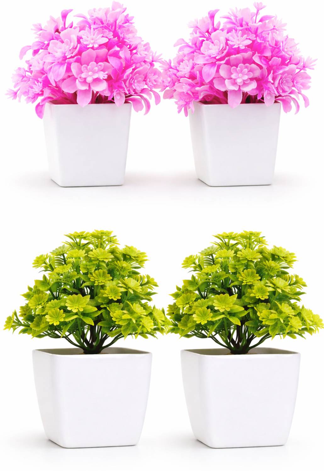 ansari brothers Small size Pink + Green Artificial Flower with Pots-pack of Pink, Green Rose, Lily, Sunflower, Wild Flower Artificial Flower