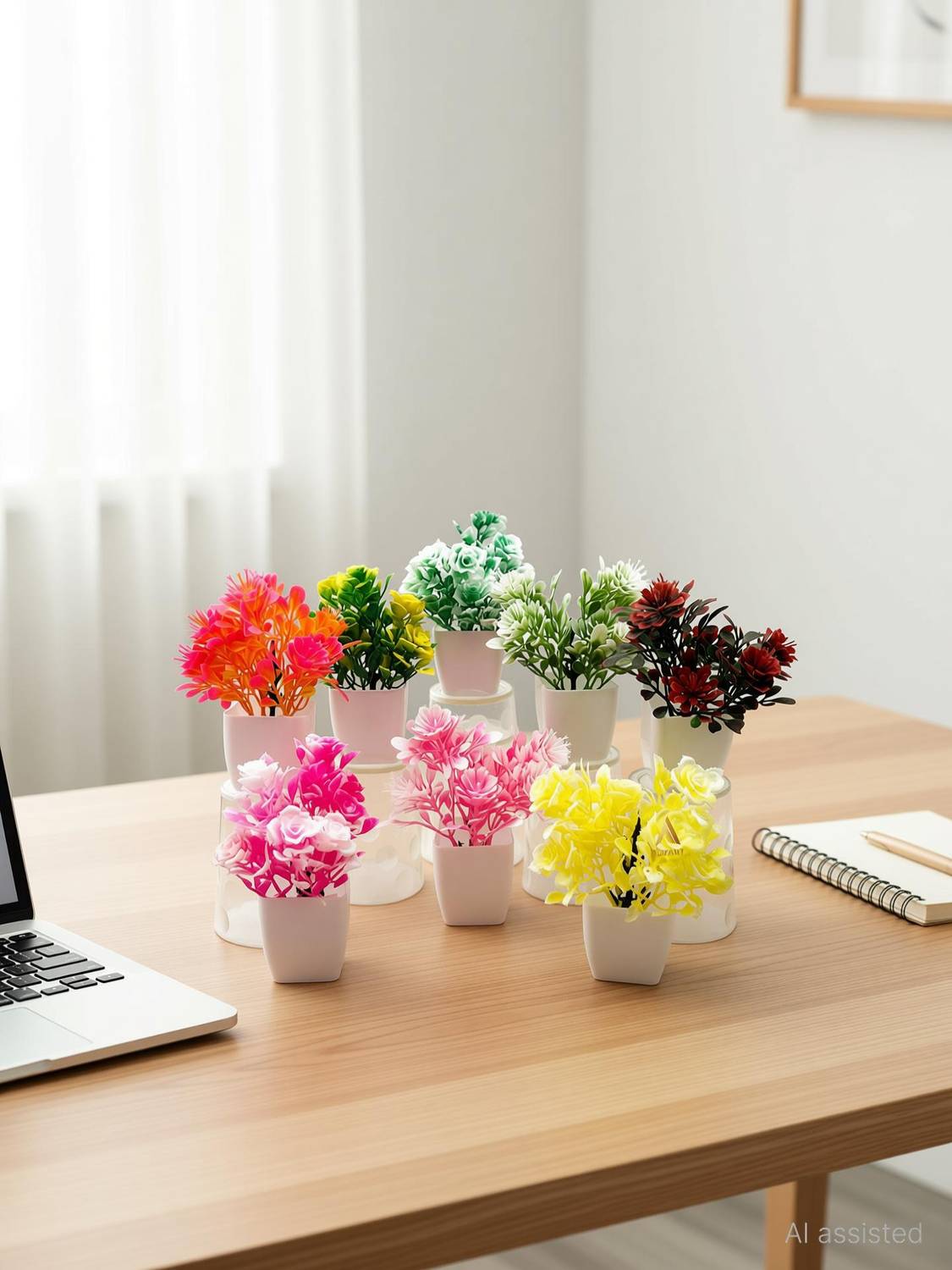 Adyant Set of 8 Artificial Flower Pots | Decorative Table, Home & Office Plant Decor Multicolor Wild Flower Artificial Flower with Pot