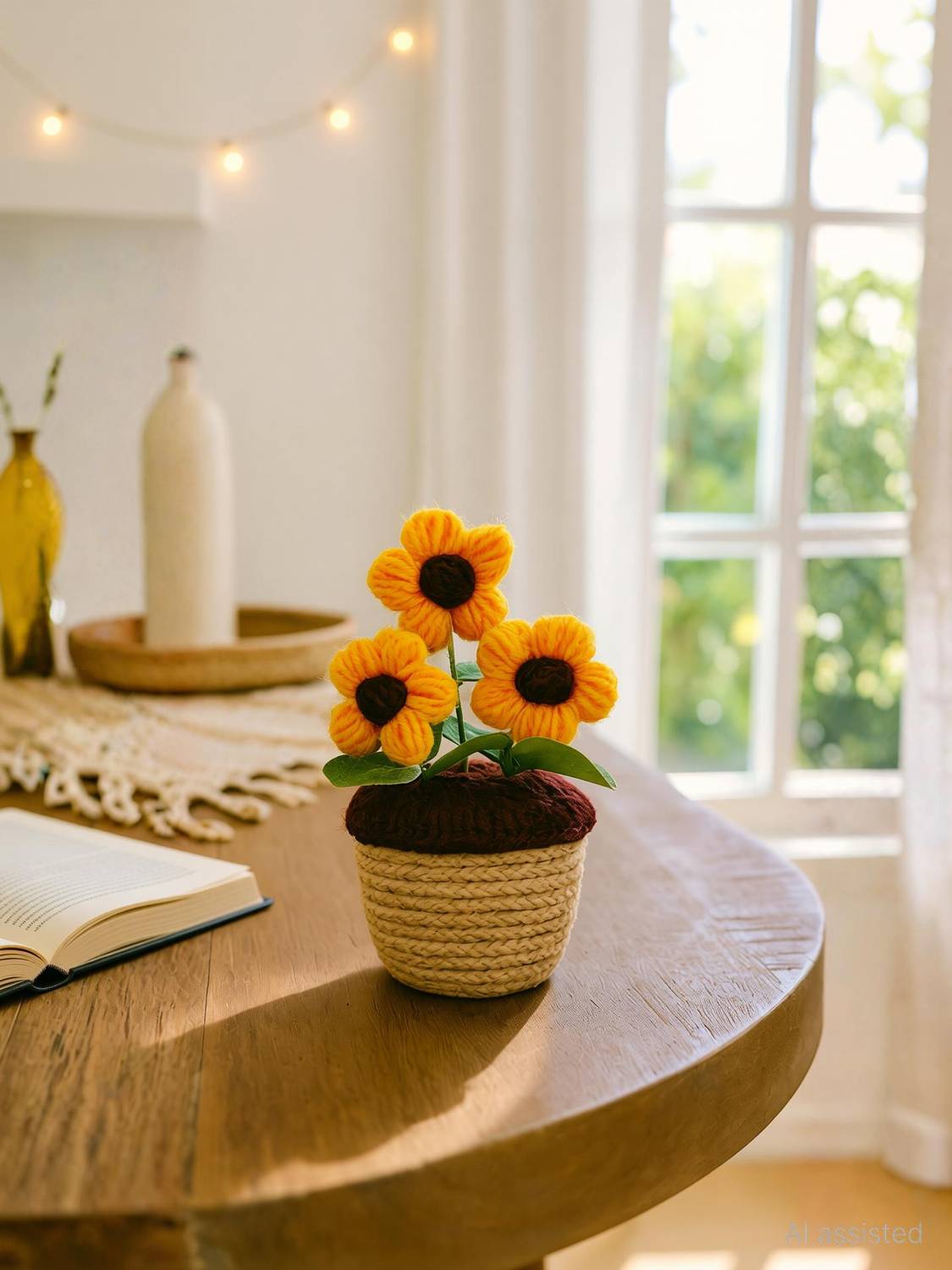 Akaar Handmade Crochet Daisy Flower Pot for Home & Desk Decor Multicolor Daisy Artificial Flower  with Pot