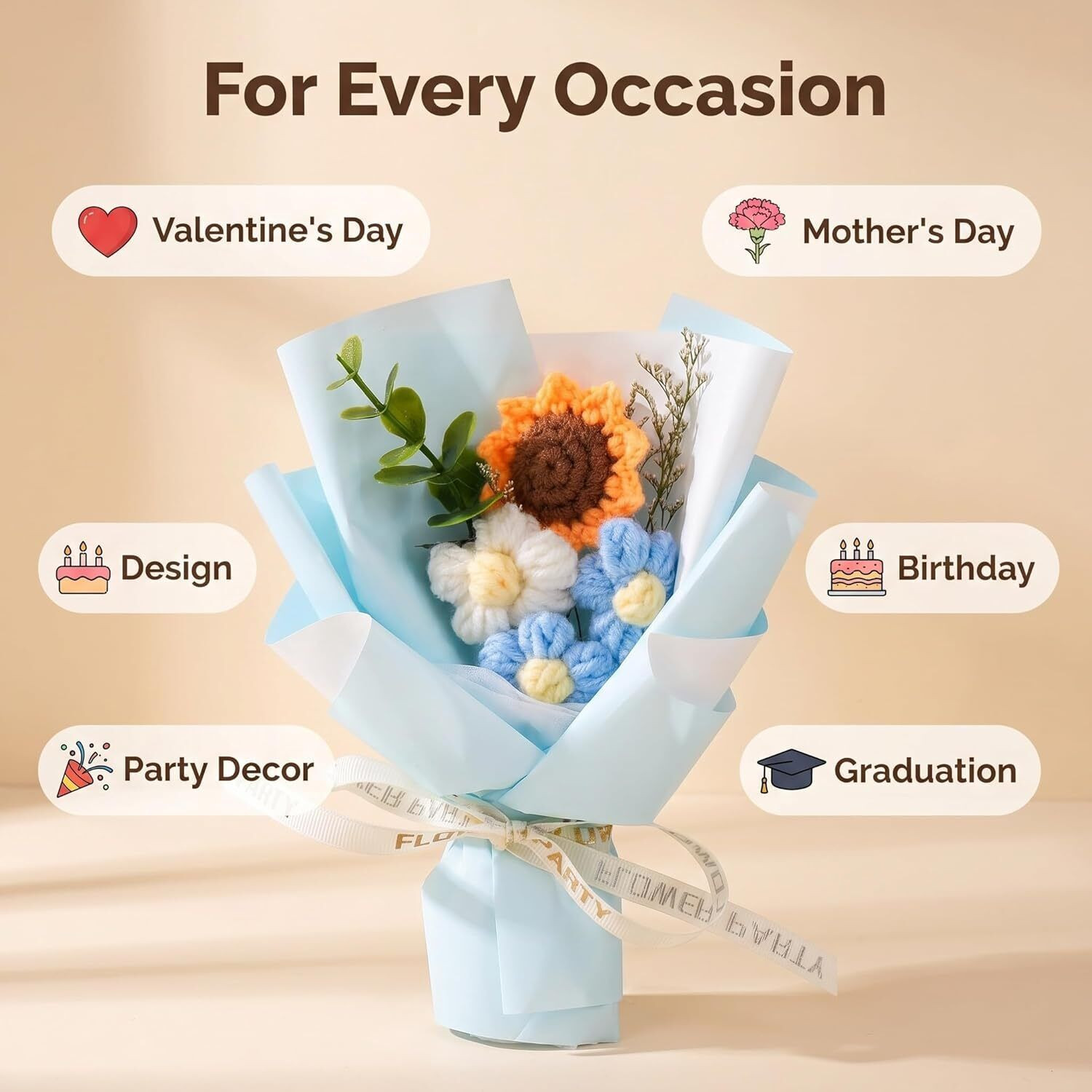 Image of MPROW Handmade Crochet Sunflower Bouquet Knitted Artificial Flowers with Green Foliage Blue Sunflower Artificial Flower