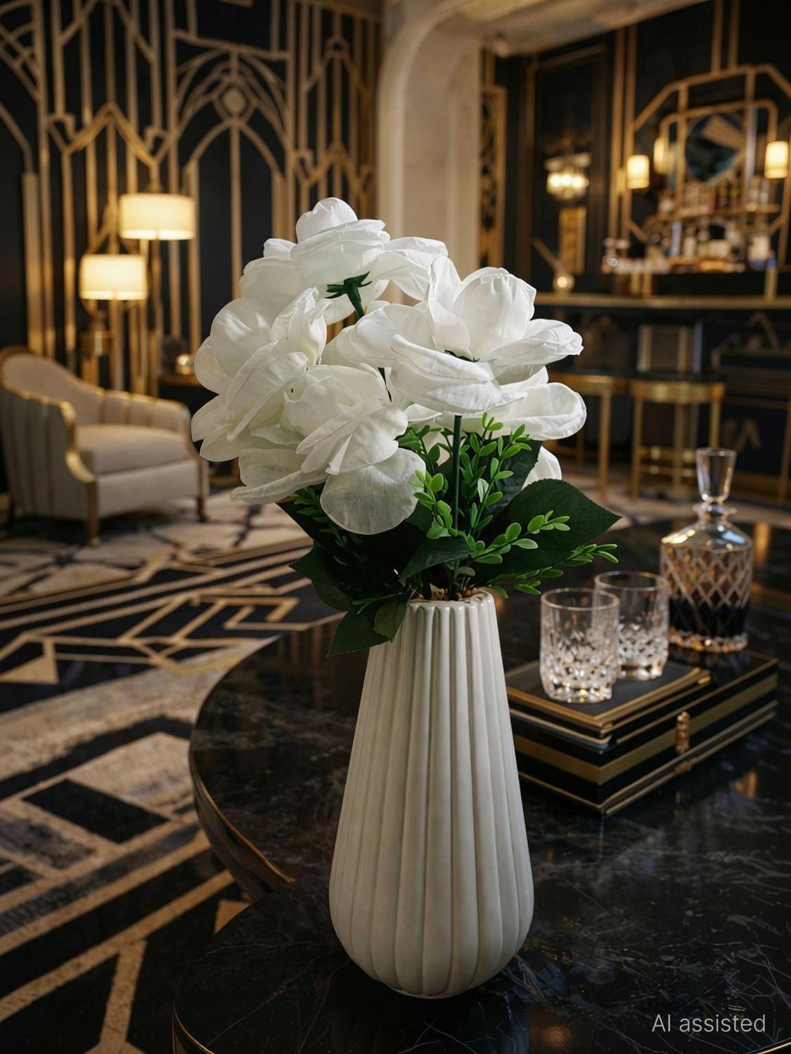 Bruncha Artificial white Rose Flower with white white pot set of 1 for home decore White Rose Artificial Flower  with Pot
