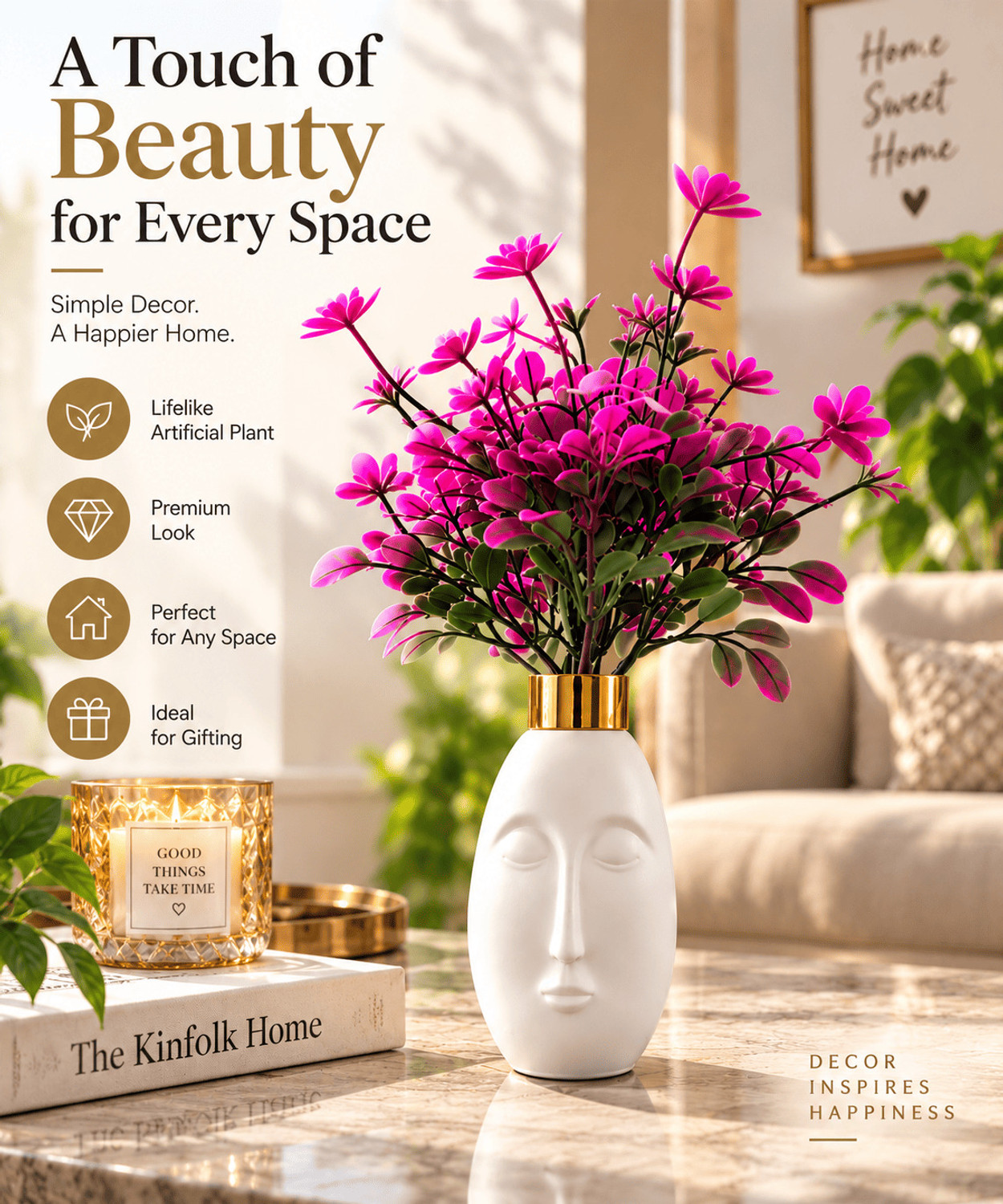 Image of CLOCOMFERR Face Shaped Decorative Vase with Pink Artificial Flower Gold, Pink, White, Green Wild Flower Artificial Flower with Pot
