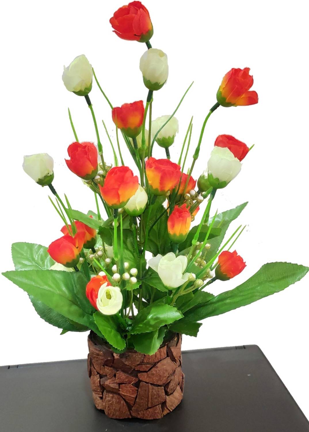 BAARIG Multi Goli with Stylish Coconut Brown Pot Orange, White Rose Artificial Flower with Pot