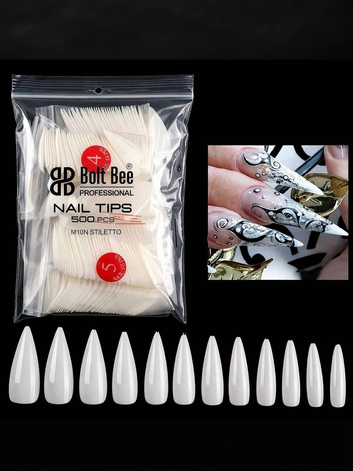 BOLT BEE Stiletto Nail Tips– Full Cover Nail Extensions, Salon Quality Artificial Nails Natural