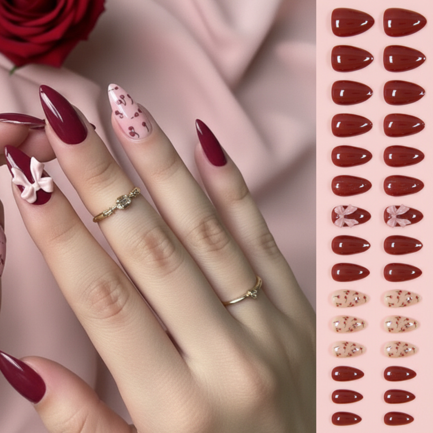 Vembley Set Of 24 Artificial Reusable Press on Nails In Maroon / Pink Colour & Floral Maroon
