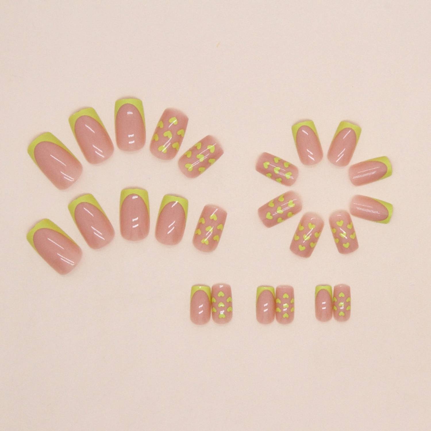 CHICIFY French Tip Press-On Nails, Neon Yellow Hearts Design
