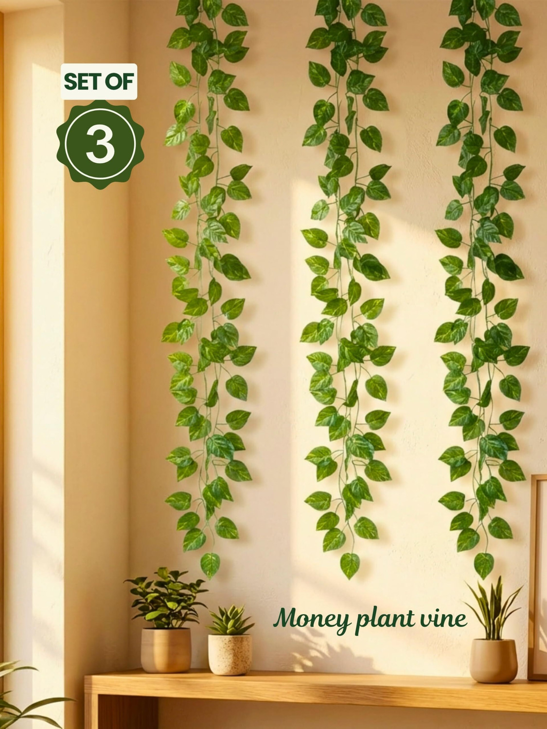 Image of Nandi Artificial Money Plant 8Ft Creeper (Set of 3) | Hanging Wall Decor Vine Artificial Plant