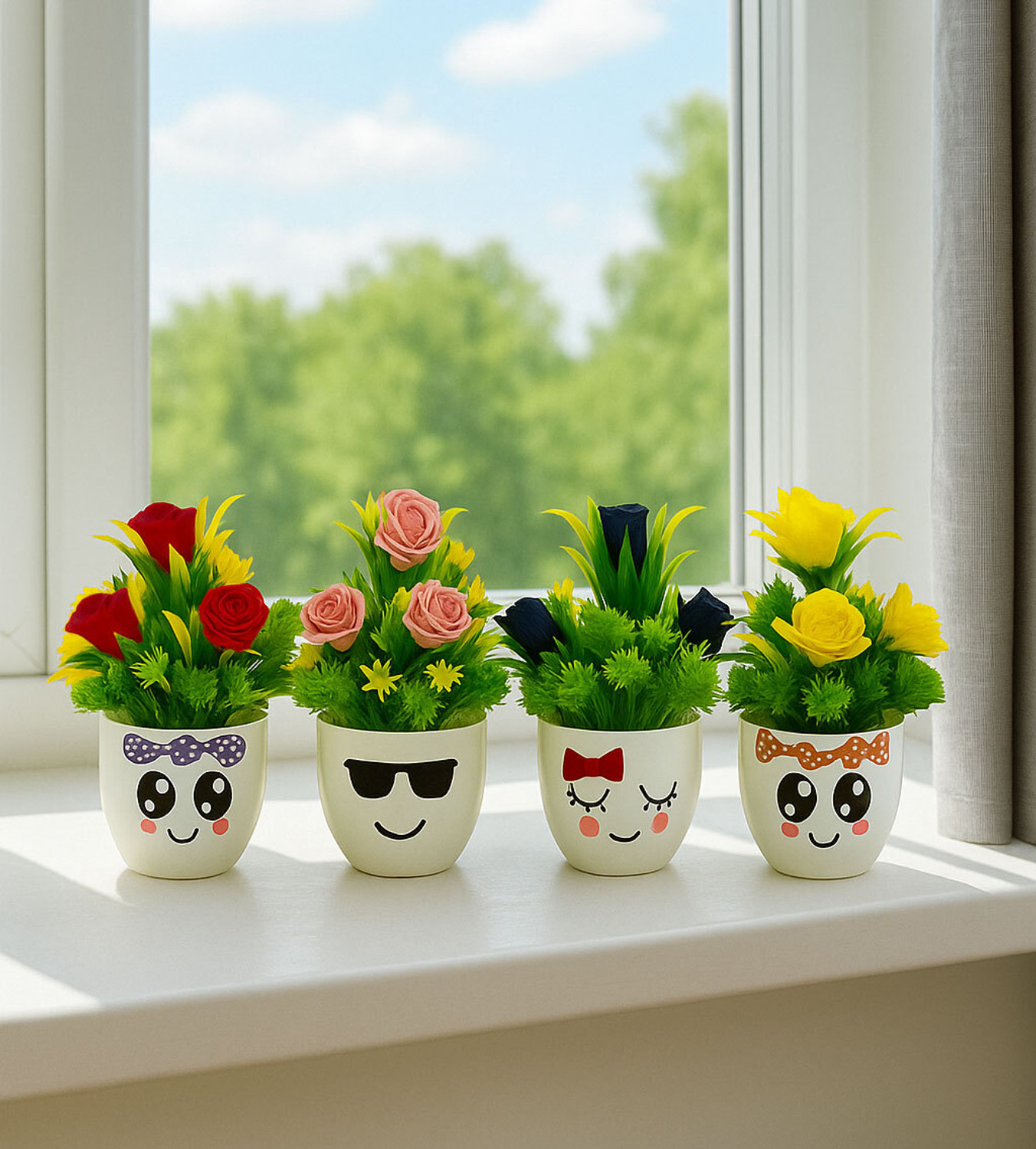 Image of DODECROO Mini Artificial Flower Cute Pot For Home Decor & Office Decor Faux Plant Pc- 4 Bonsai Wild Artificial Plant with Pot