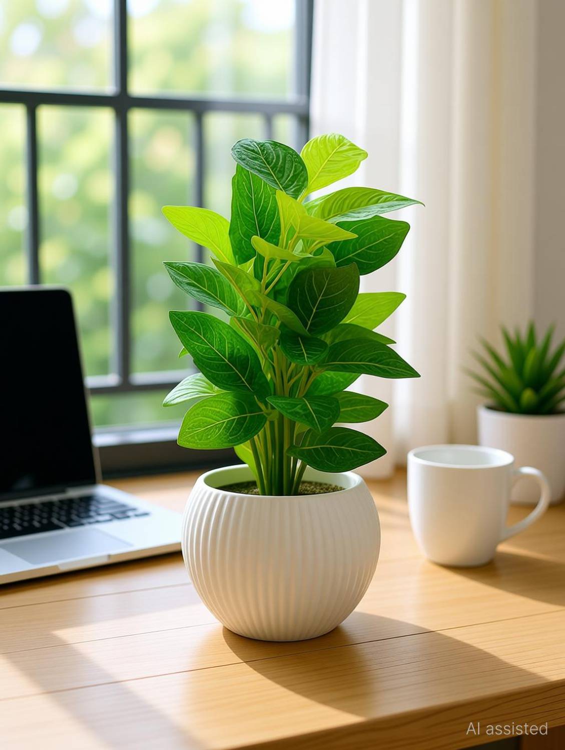 Bowzzonne Artificial Green Leaf Plant in White Ribbed Pot for Home Office Table Decoration Artificial Plant with Pot