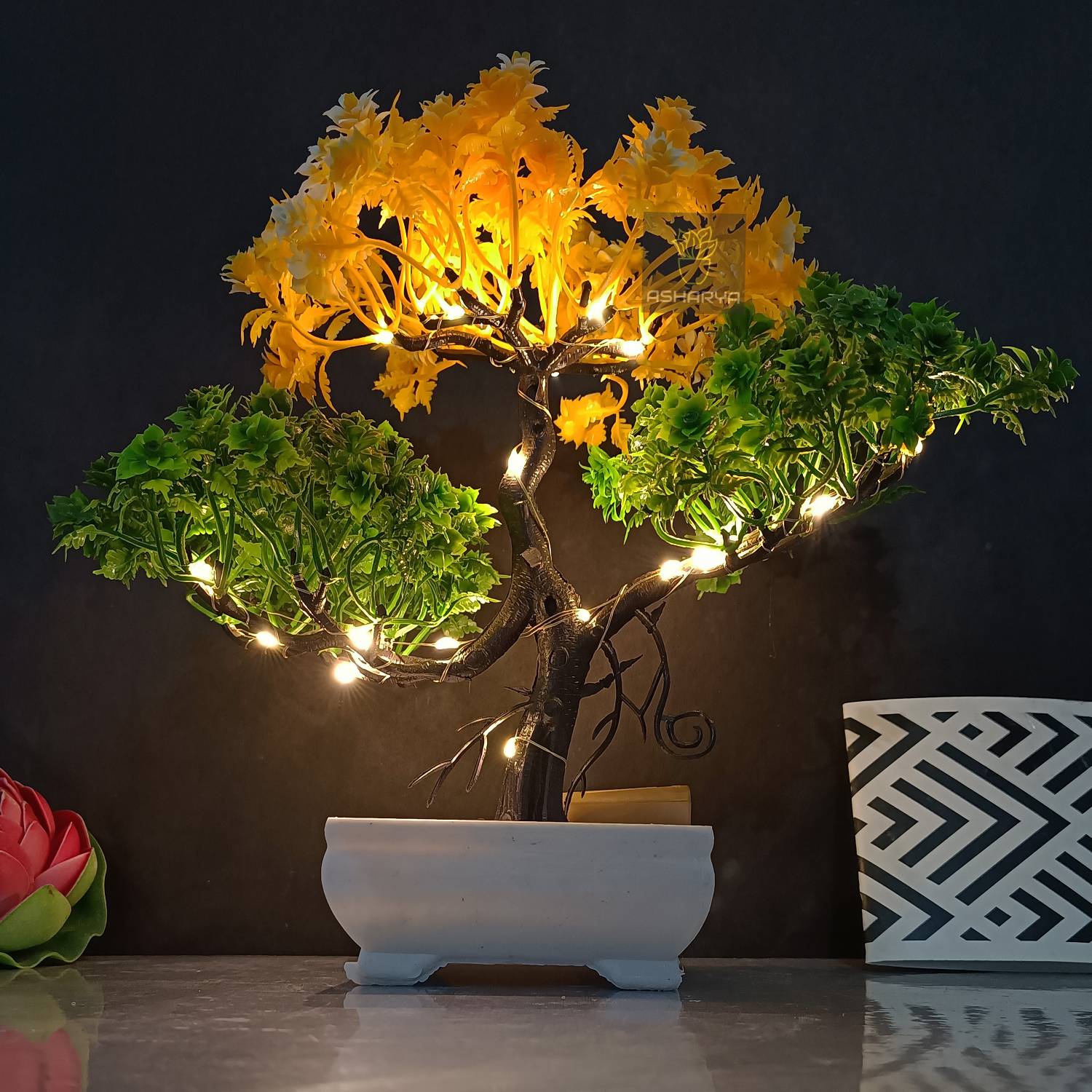 Asharya Artificial Bonsai Plant with LED Light Pot for Office, R